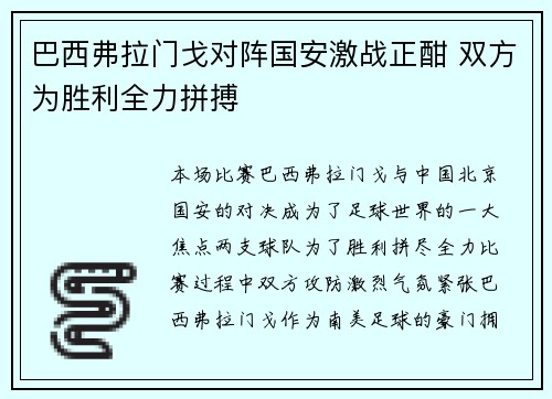 巴西弗拉门戈对阵国安激战正酣 双方为胜利全力拼搏