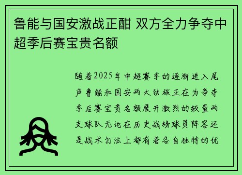 鲁能与国安激战正酣 双方全力争夺中超季后赛宝贵名额